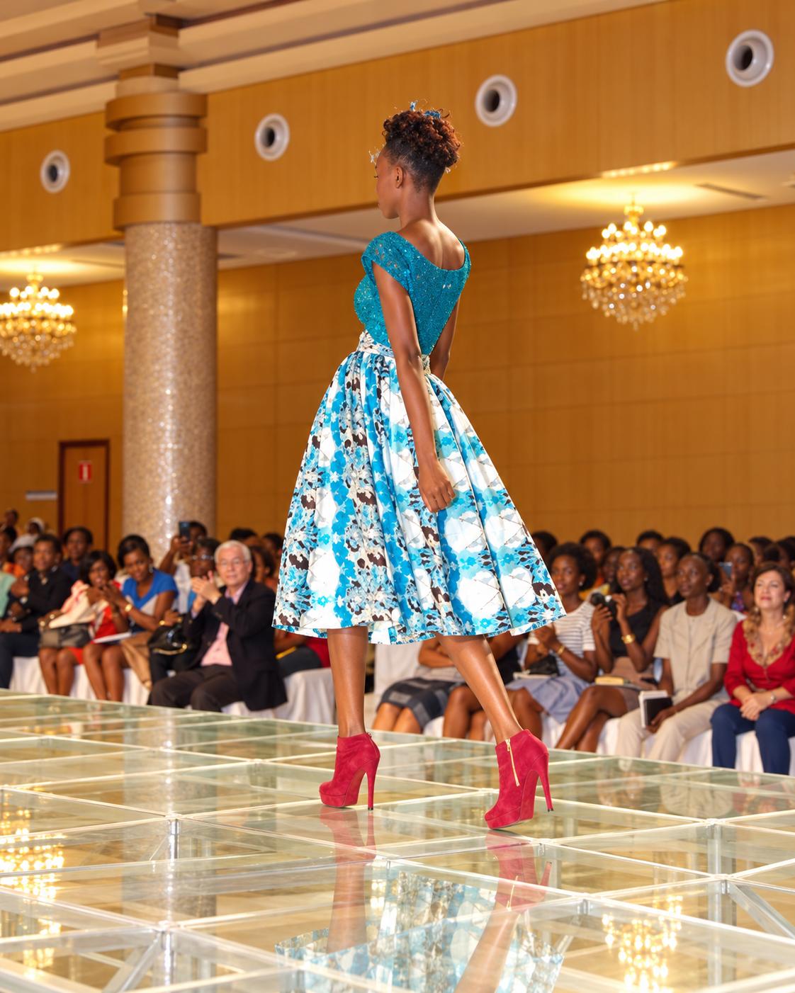 Runway model in a teal and printed look at Nigeria Fashion Week