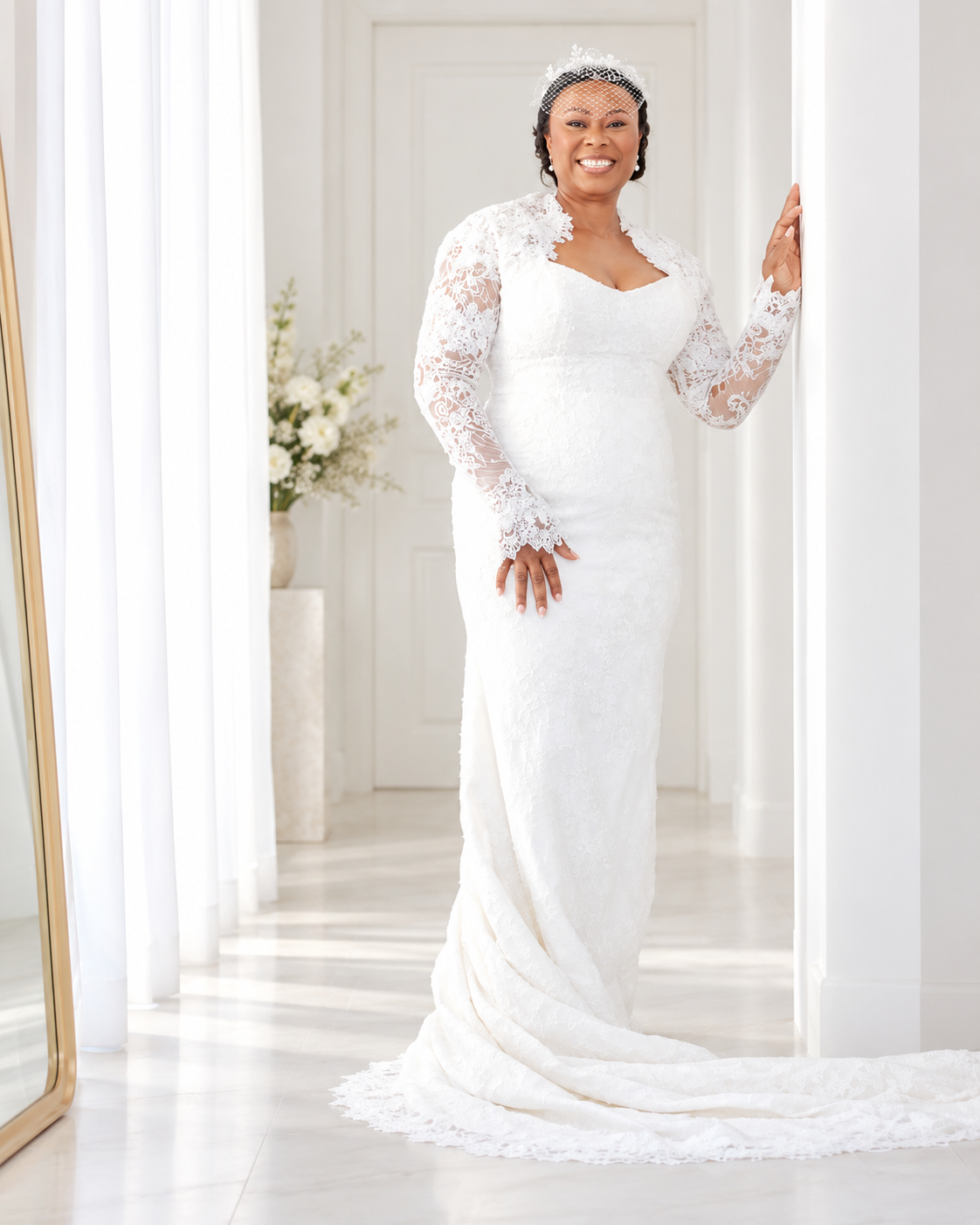Bride in a white lace gown in a refined light interior