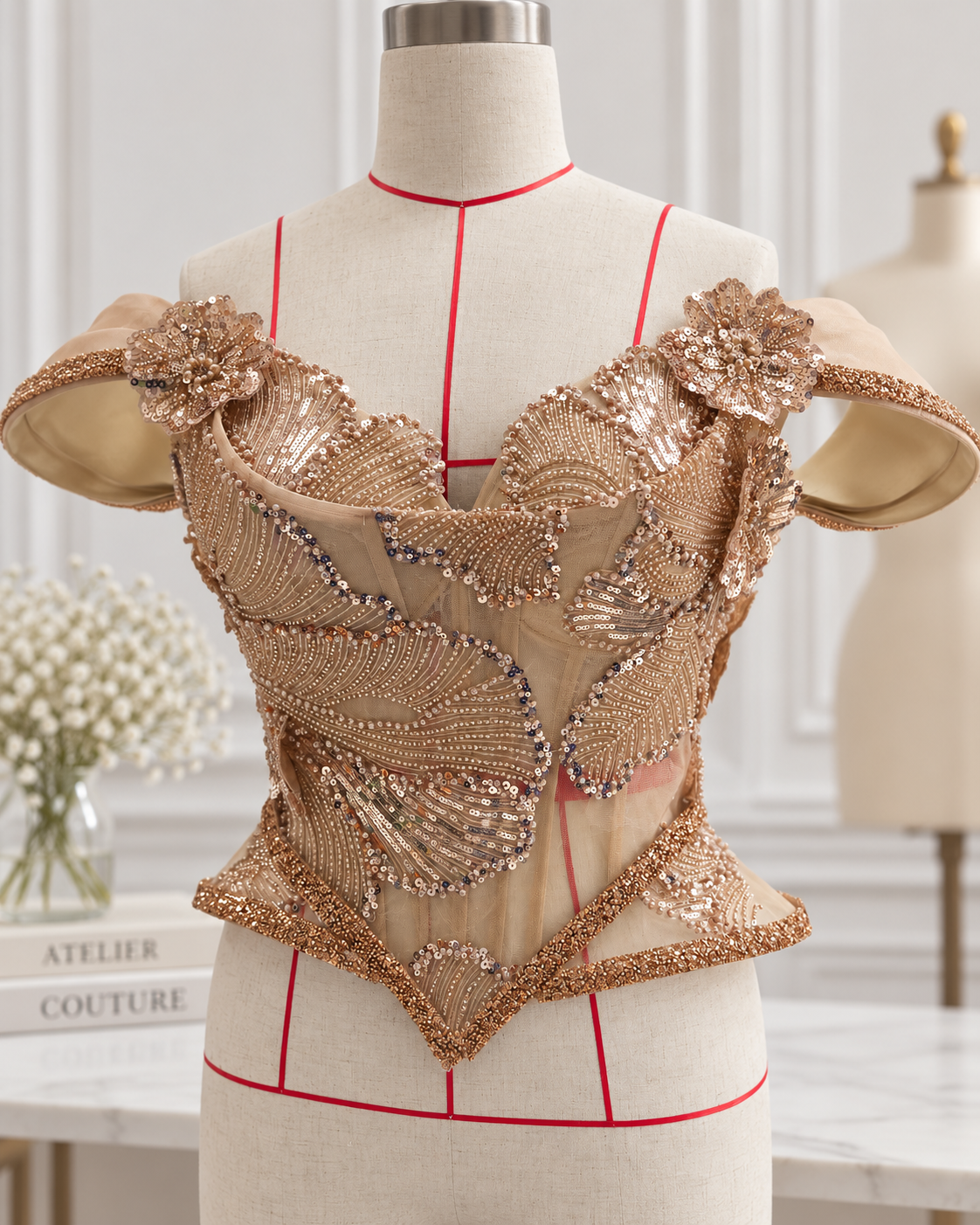 Beaded couture corset displayed on an atelier mannequin