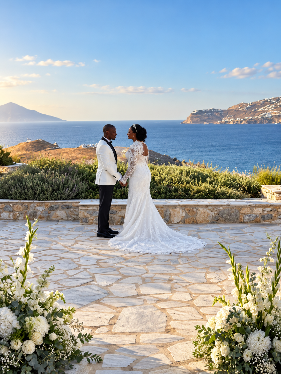 Bride and groom standing together against a Mediterranean sea view