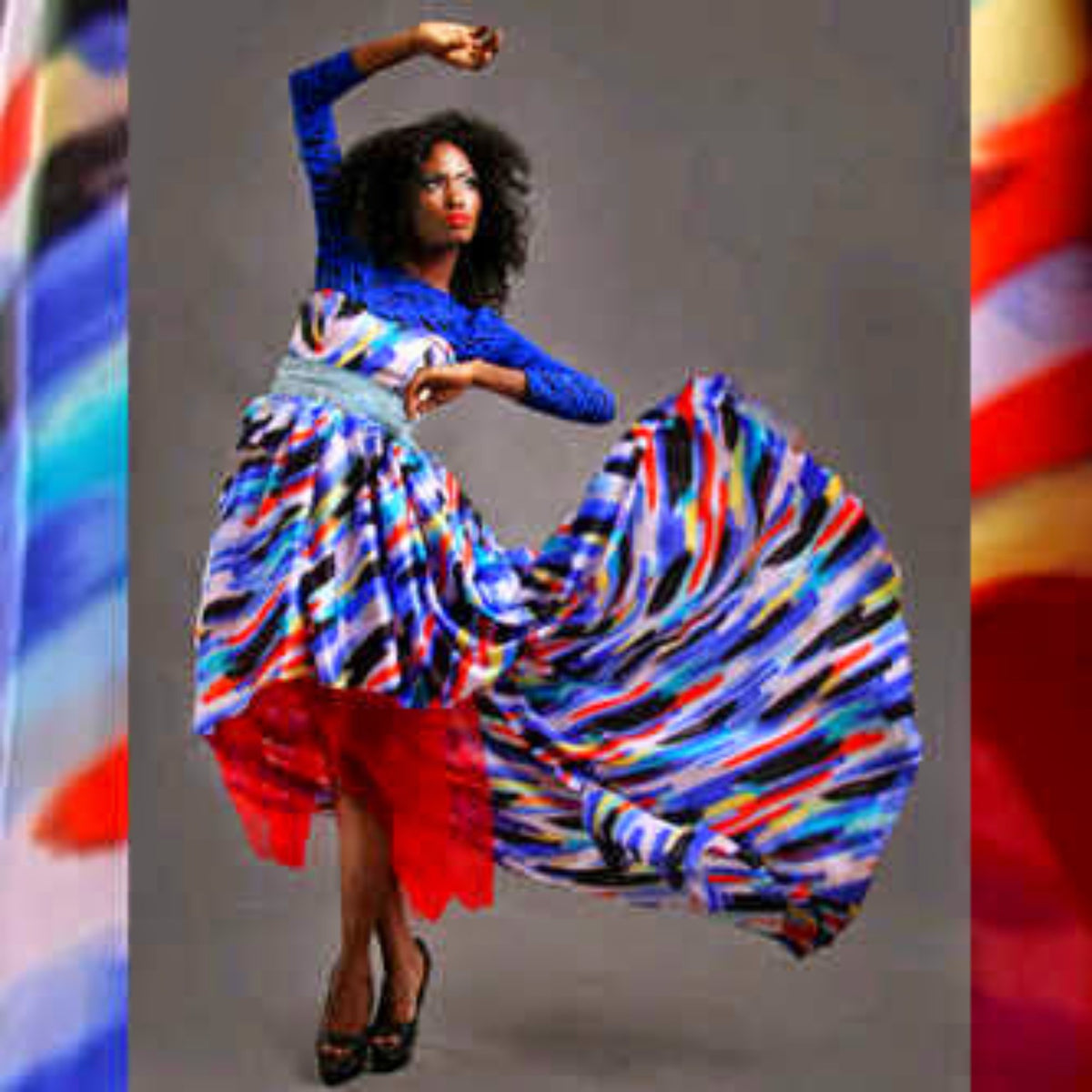 Dramatic printed fashion gown from the Tolumi archive