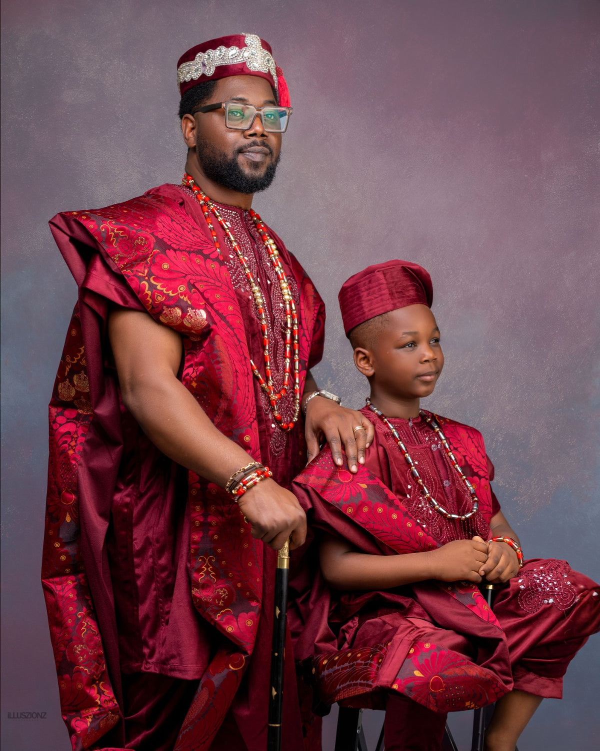 Coordinated burgundy formalwear for an adult and child