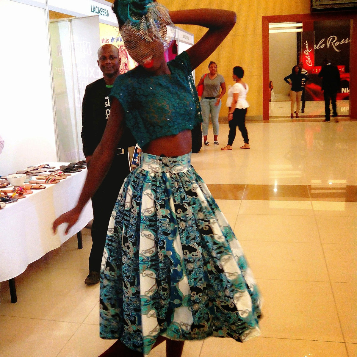 Teal printed fashion look at Nigeria Fashion Week