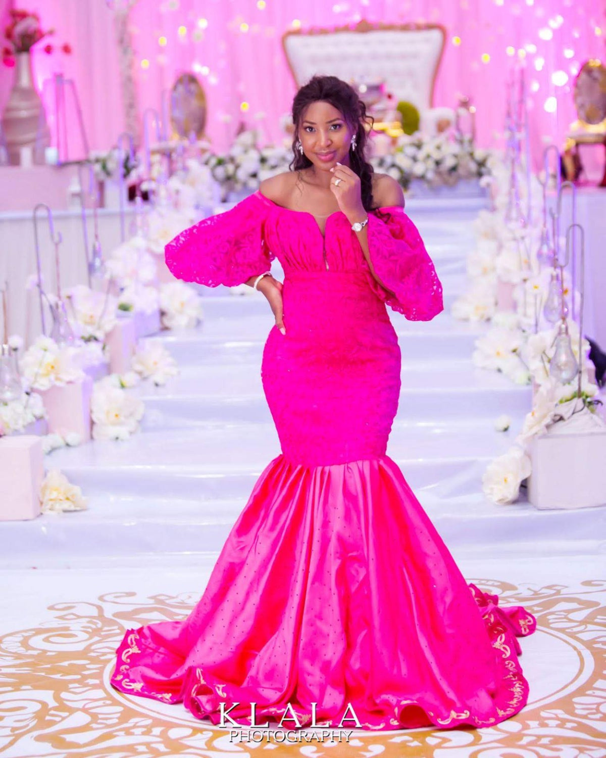 Fuchsia lace and satin mermaid occasion gown