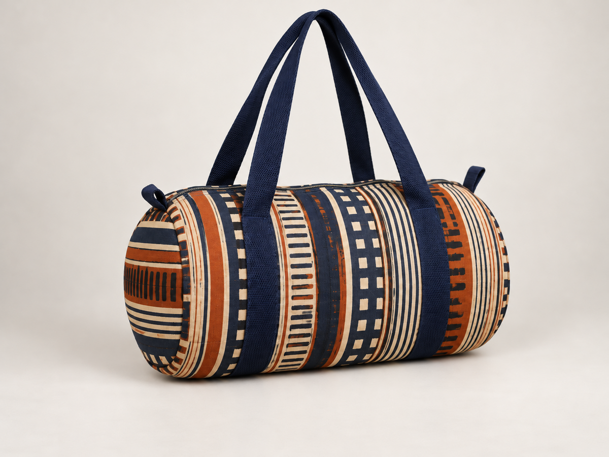 The Duffle Bag sewing pattern by Tolumi, shown in a patterned fabric with navy webbing handles
