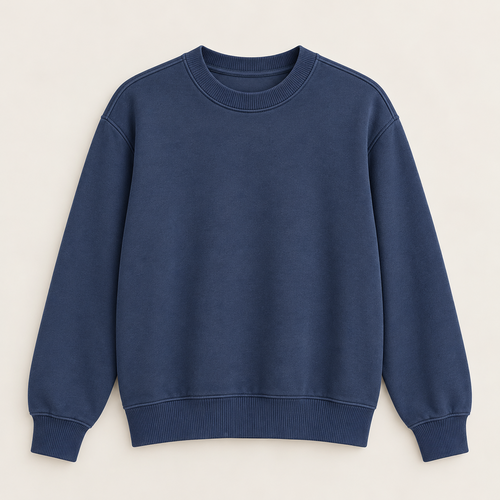 Jyde Sweatshirt sewing pattern by Tolumi, navy drop-shoulder crew neck sweatshirt with ribbed neckband, cuffs and waistband