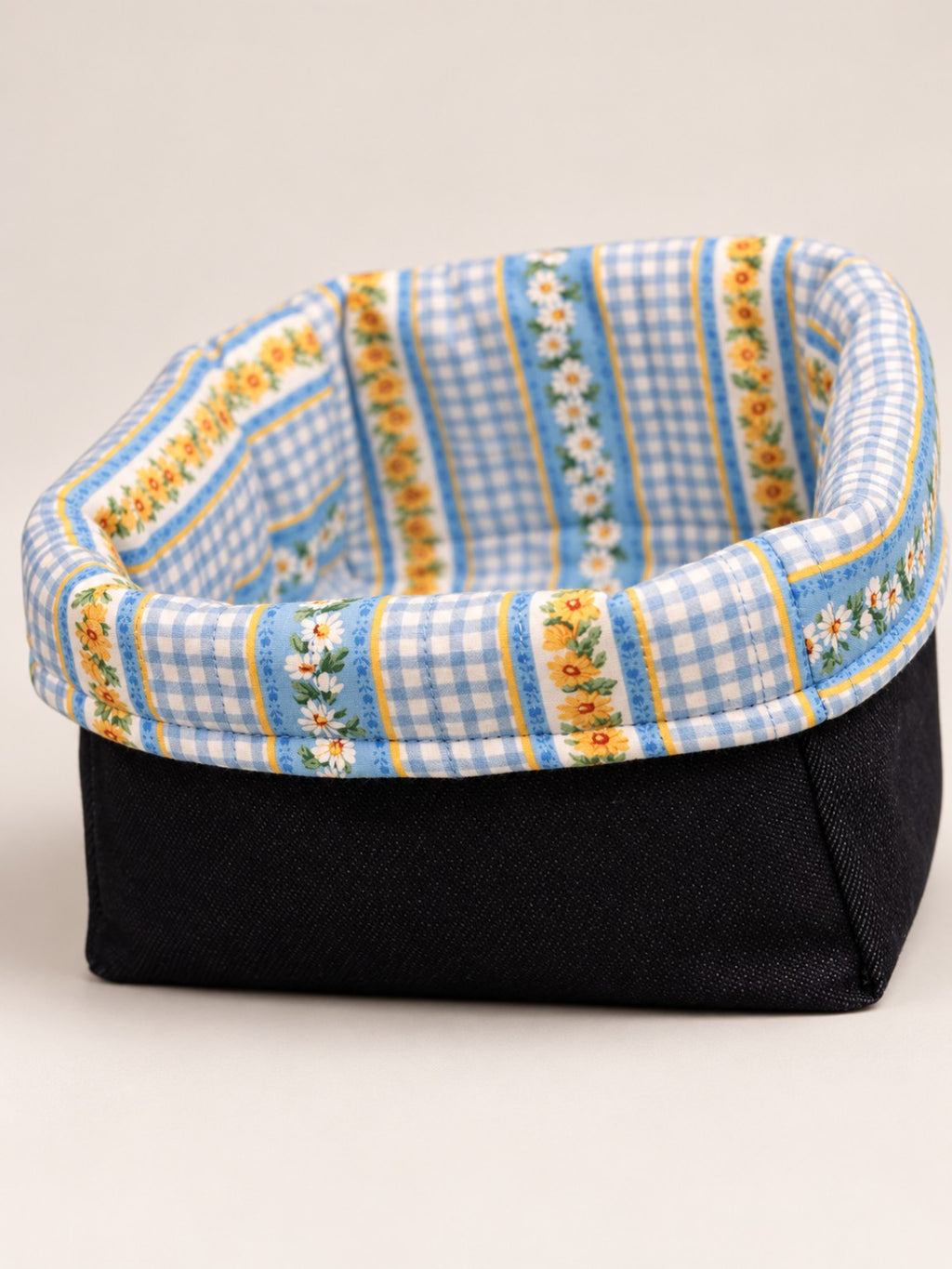 Reversible Fabric Basket sewing pattern - blue floral side angled view