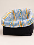 Reversible Fabric Basket sewing pattern - blue floral side angled view