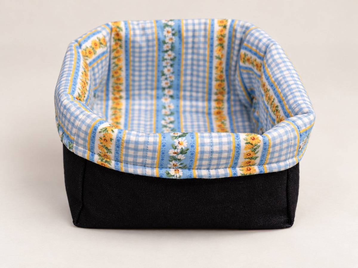 Reversible Fabric Basket sewing pattern - blue gingham and floral interior view