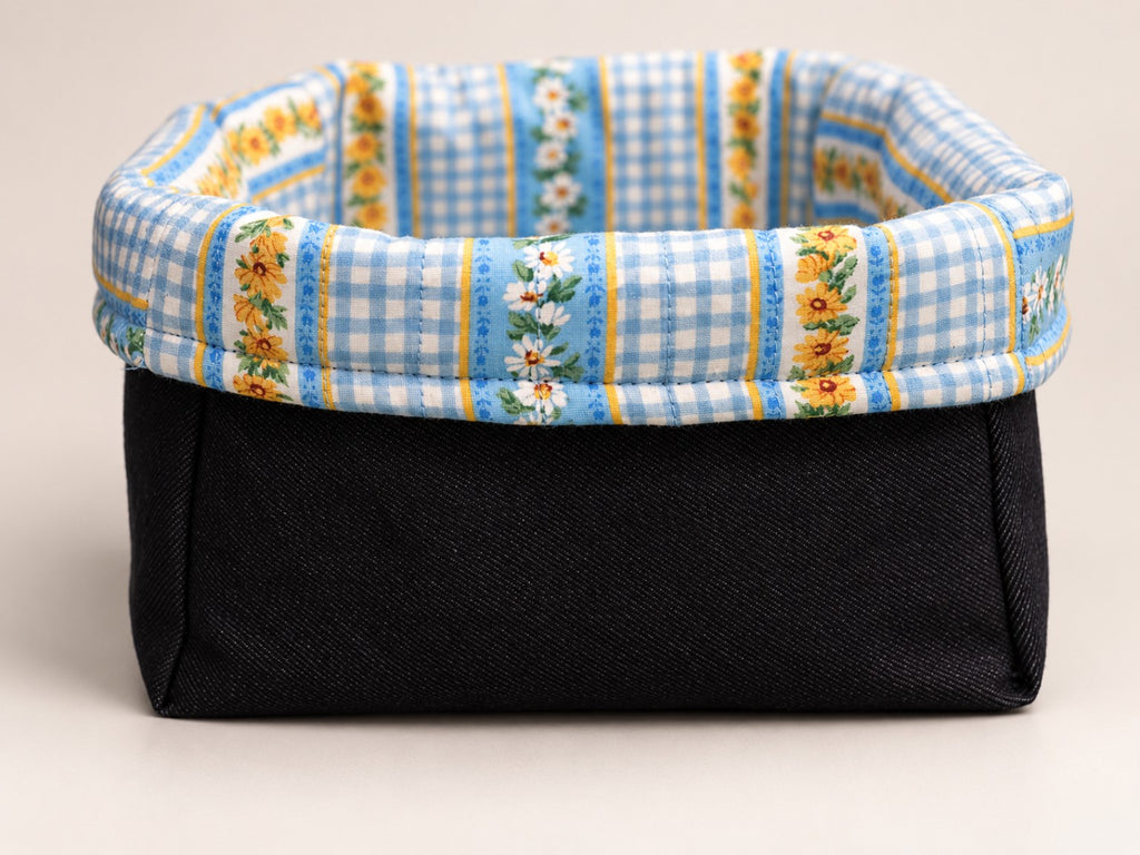 Reversible Fabric Basket sewing pattern - denim side angled view