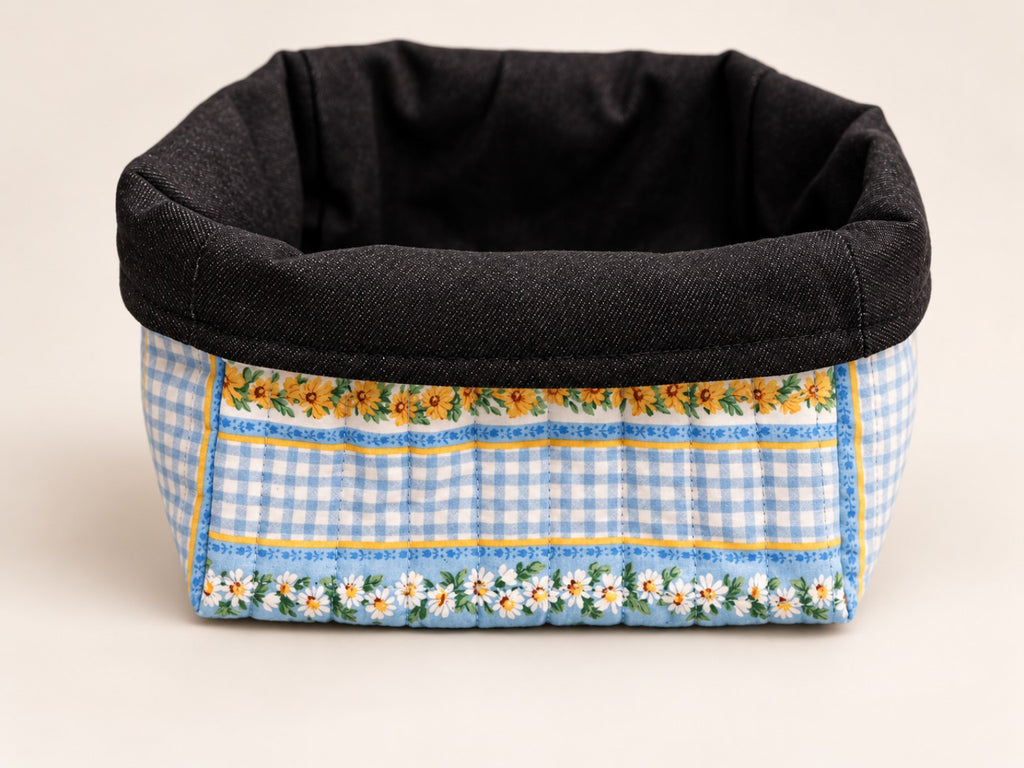 Reversible Fabric Basket sewing pattern - denim side with blue floral fold-over