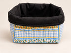 Reversible Fabric Basket sewing pattern - denim side with blue floral fold-over
