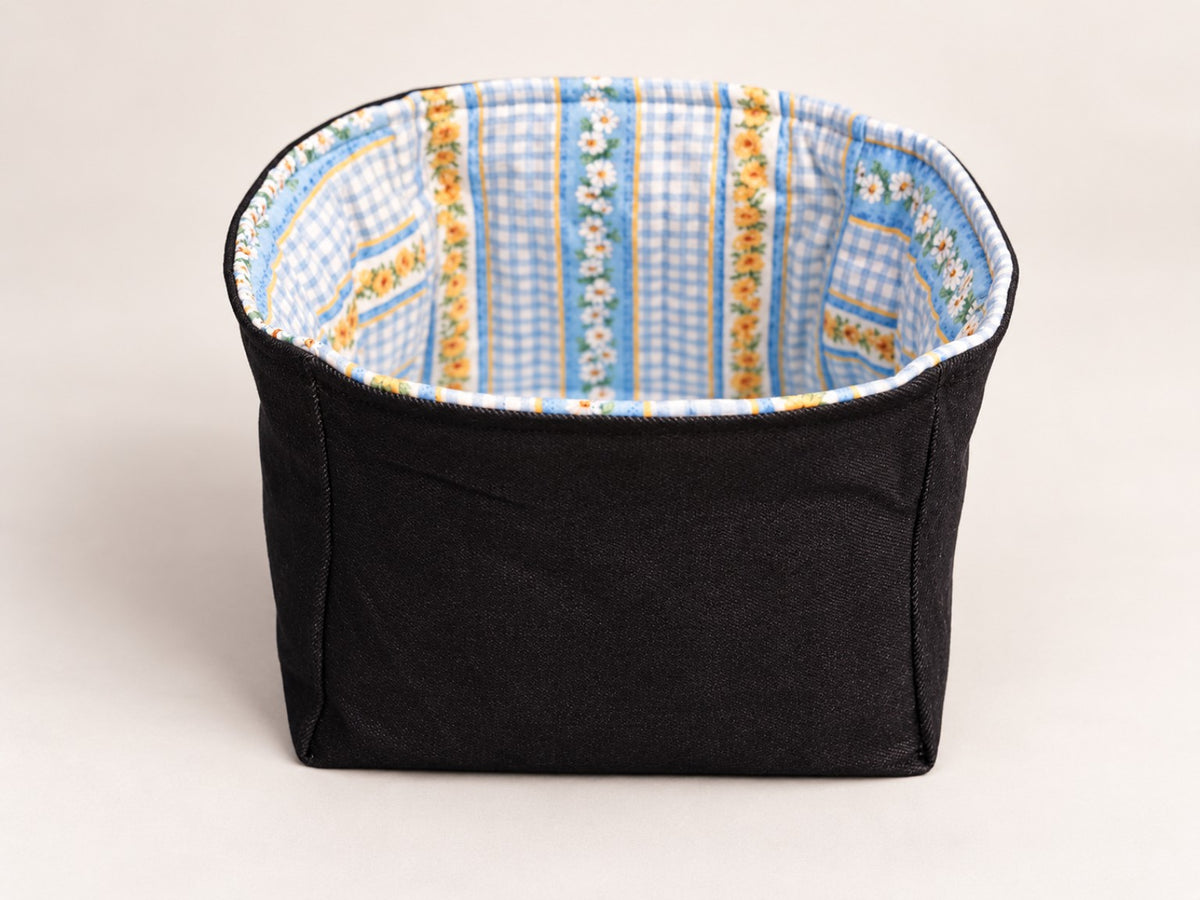 Reversible Fabric Basket sewing pattern - denim exterior with blue floral interior