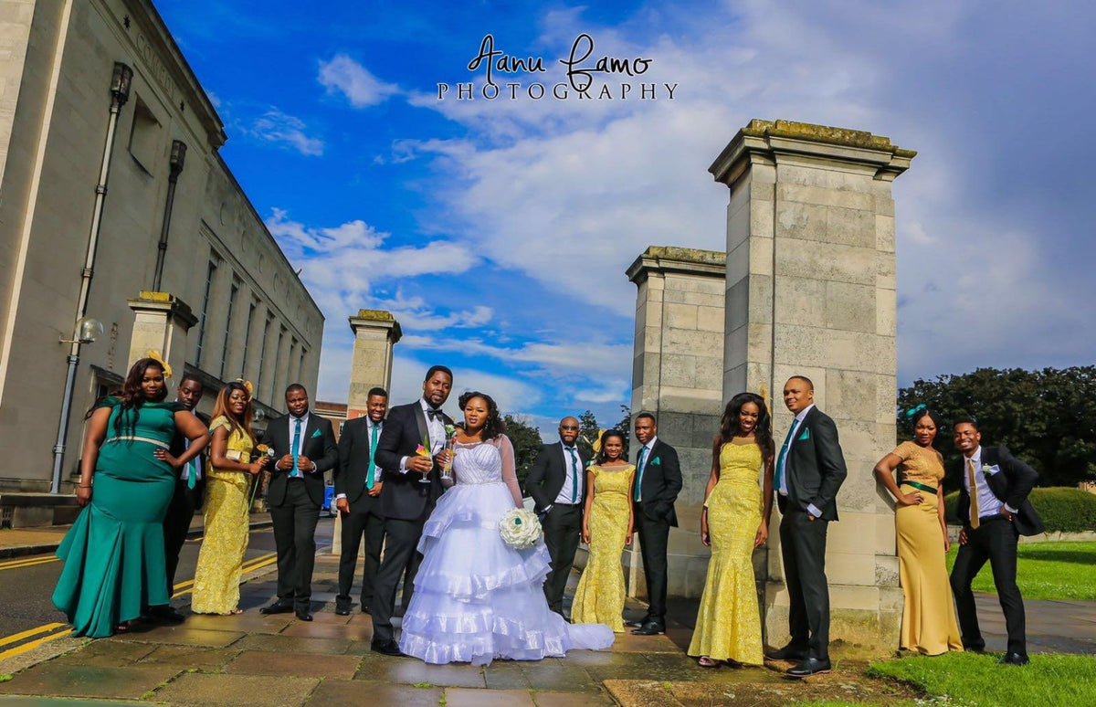 Wedding party in coordinated formalwear