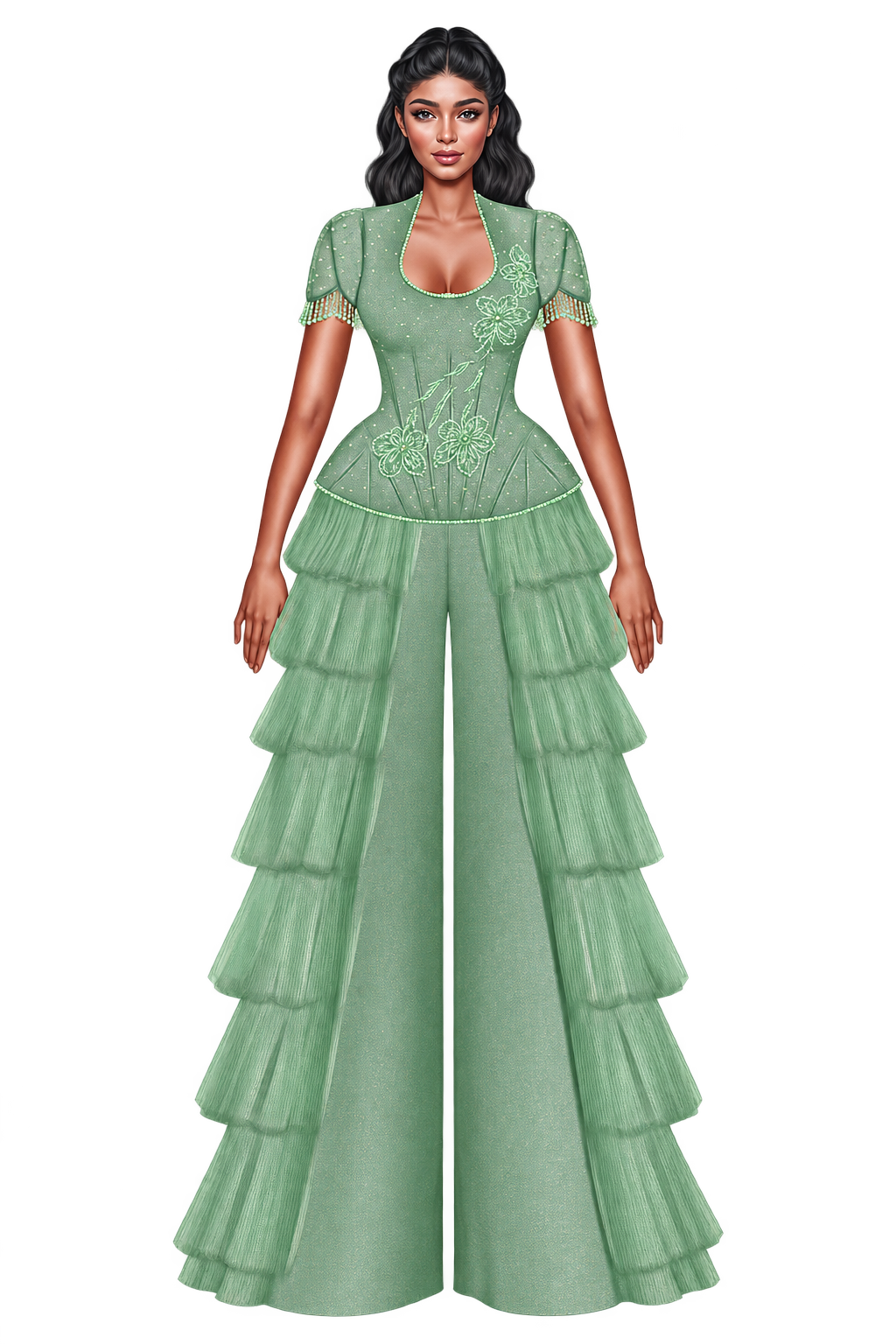 Fashion illustration of a mint green couture look by Tolumi Abiola