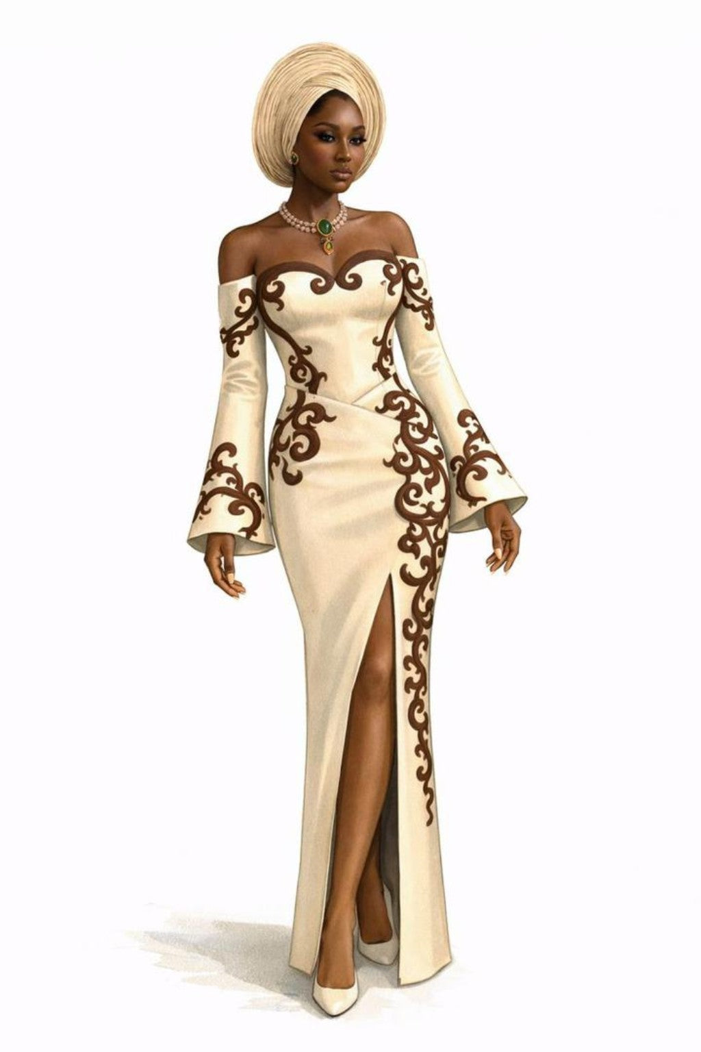 Fashion illustration for an ivory occasion gown